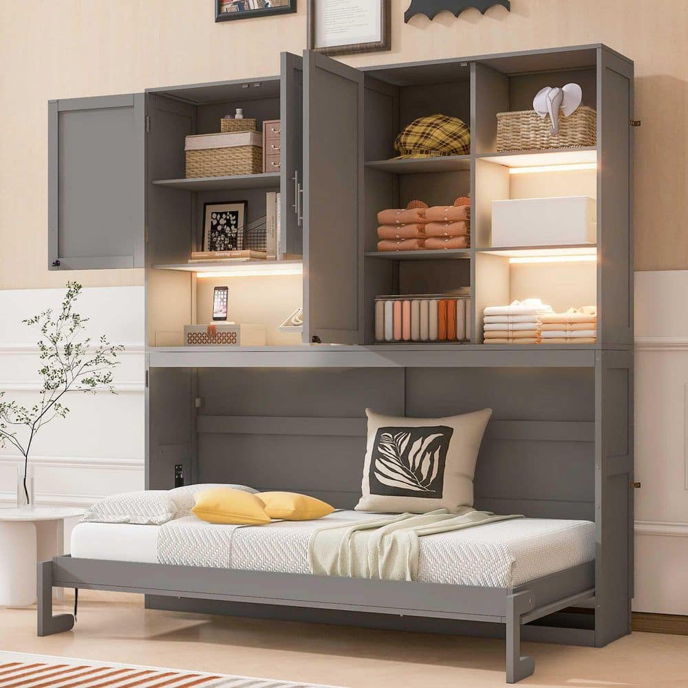 White Wood Frame Twin Size Murphy Bed with Top Cabinet, Shelves, Space Saving Foldable Bed with Light & USB