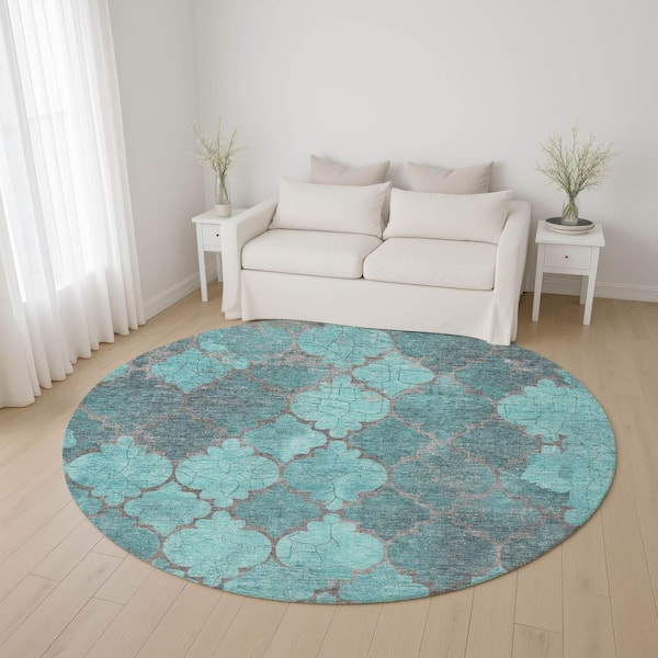 Mayfield Premium Machine Washable Abstract AMF1784 Teal 8 ft. x 8 ft. Round Rug