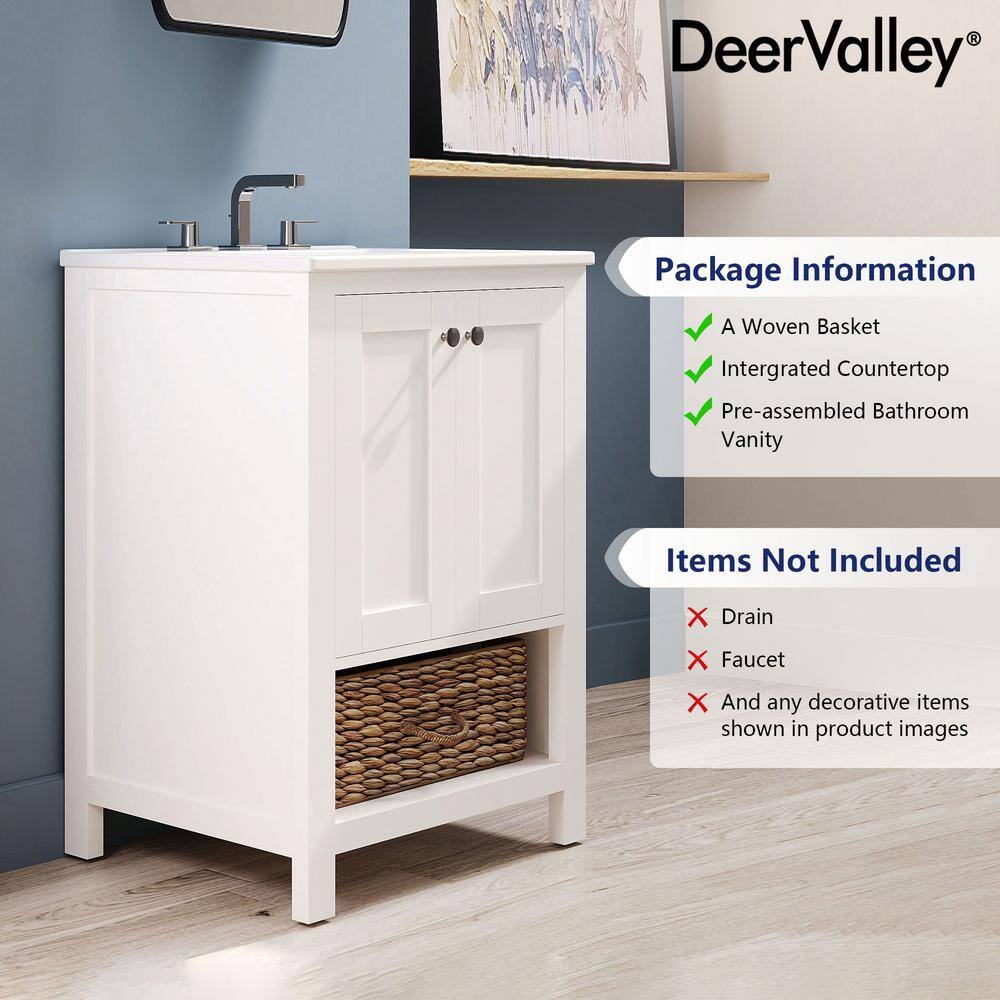 24" White Freestanding Bathroom Vanity with Ceramic Top and Woven Basket