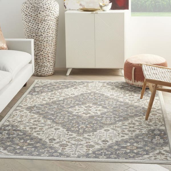 5 ft. x 7 ft. Ivory and Gray Floral Non Skid Area Rug