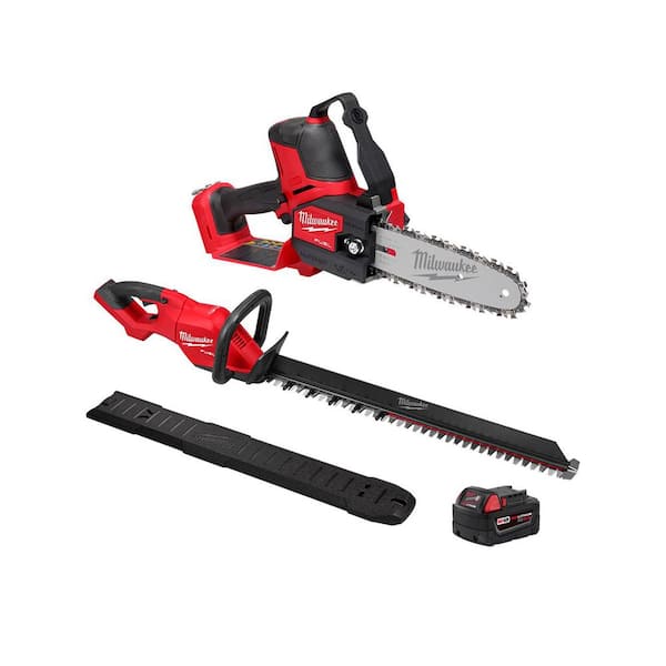 M18 FUEL 18V Lithium Brushless Battery 8 in. HATCHET Mini Chainsaw w M18 5.0 Ah Battery, M18 FUEL 30 in Hedge Trimmer