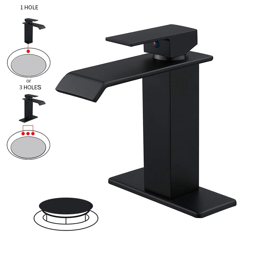 Waterfall Single Hole Single-Handle Low-Arc Bathroom Faucet With Pop-up Drain Assembly in Matte Black -  BWE, A-96004-Black