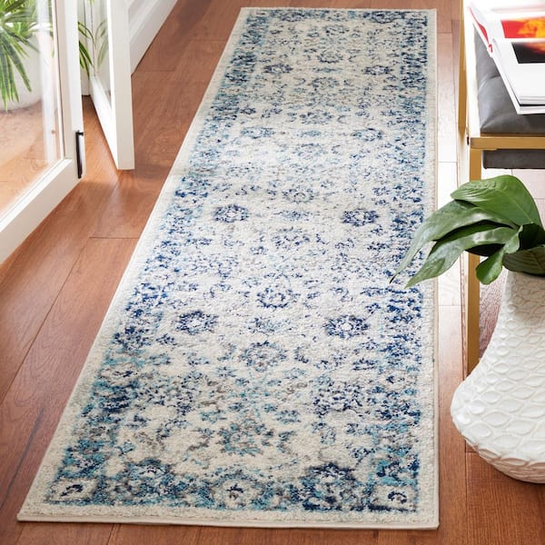 Tulum 2 ft. x 9 ft. Ivory/Blue Floral Oriental Runner Rug