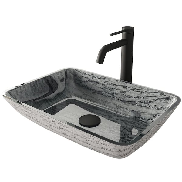 VIGO Glass Rectangular Vessel Bathroom Sink in Titanium Gray with