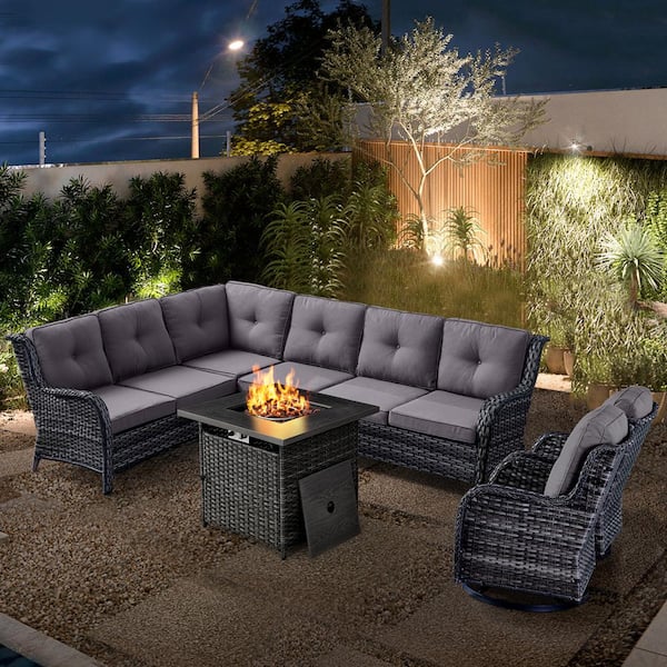 Gymojoy Carolina Gray 7-Piece Wicker Patio Fire Pit Seating Set with Gray Cushions