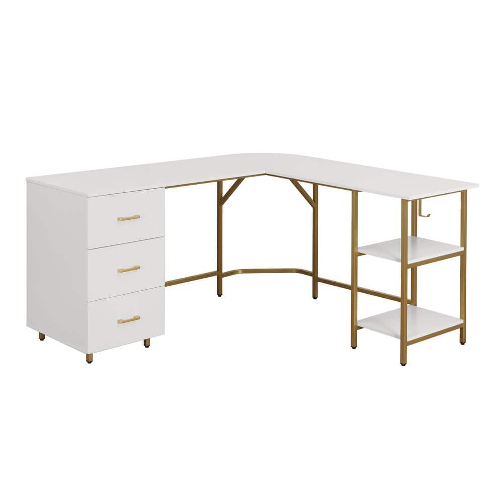 Gold and White L-Shaped Computer Desk with Drawers