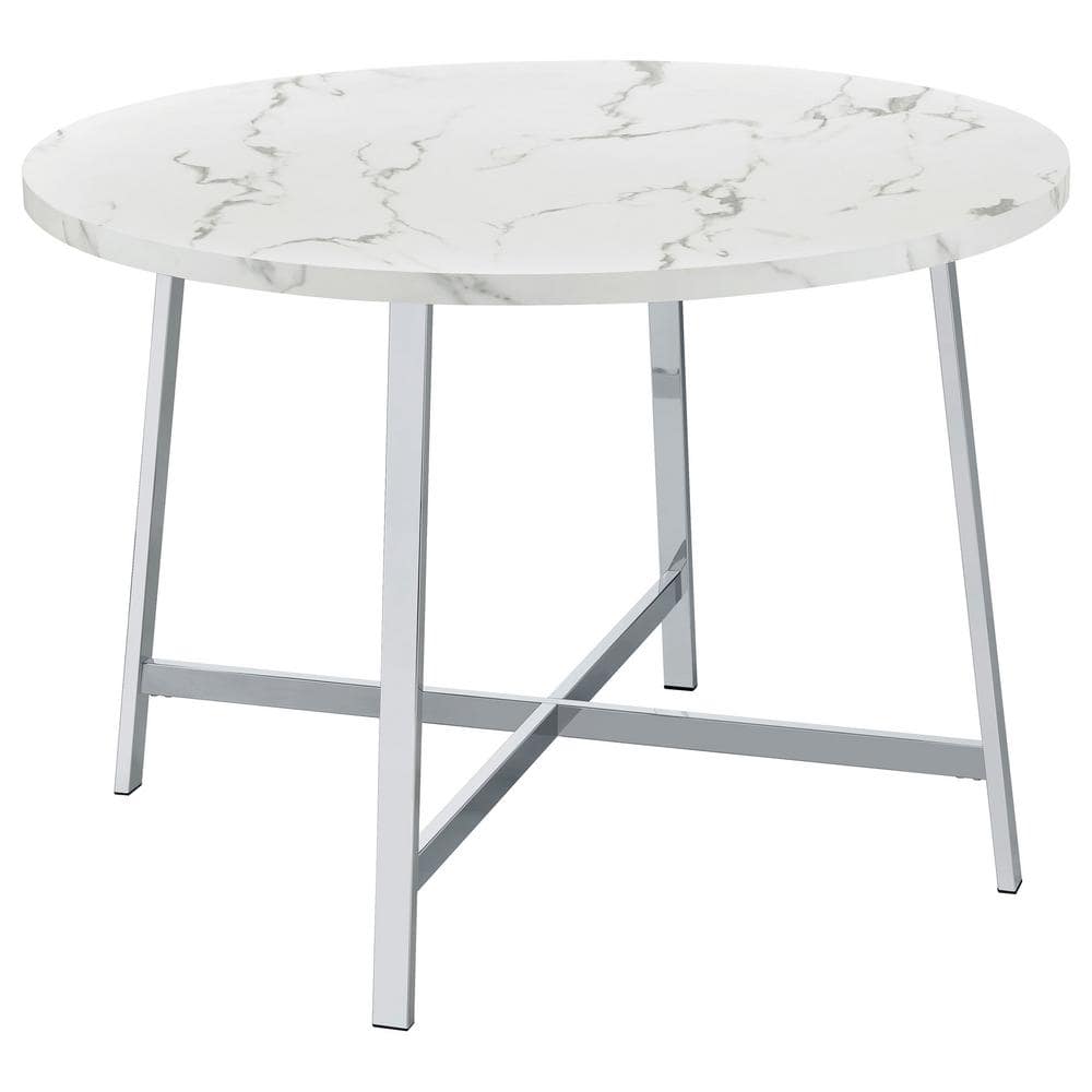 Round White Faux Marble and Chrome Dining Table