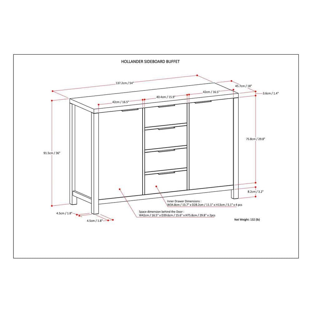 Hollander White Solid Wood Adjustable Sideboard Buffet