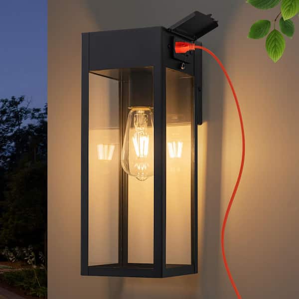 C Cattleya 14.5 in. Black Outdoor Hardwired Wall Lantern Sconce with GFCI Outlet, No Bulbs Included