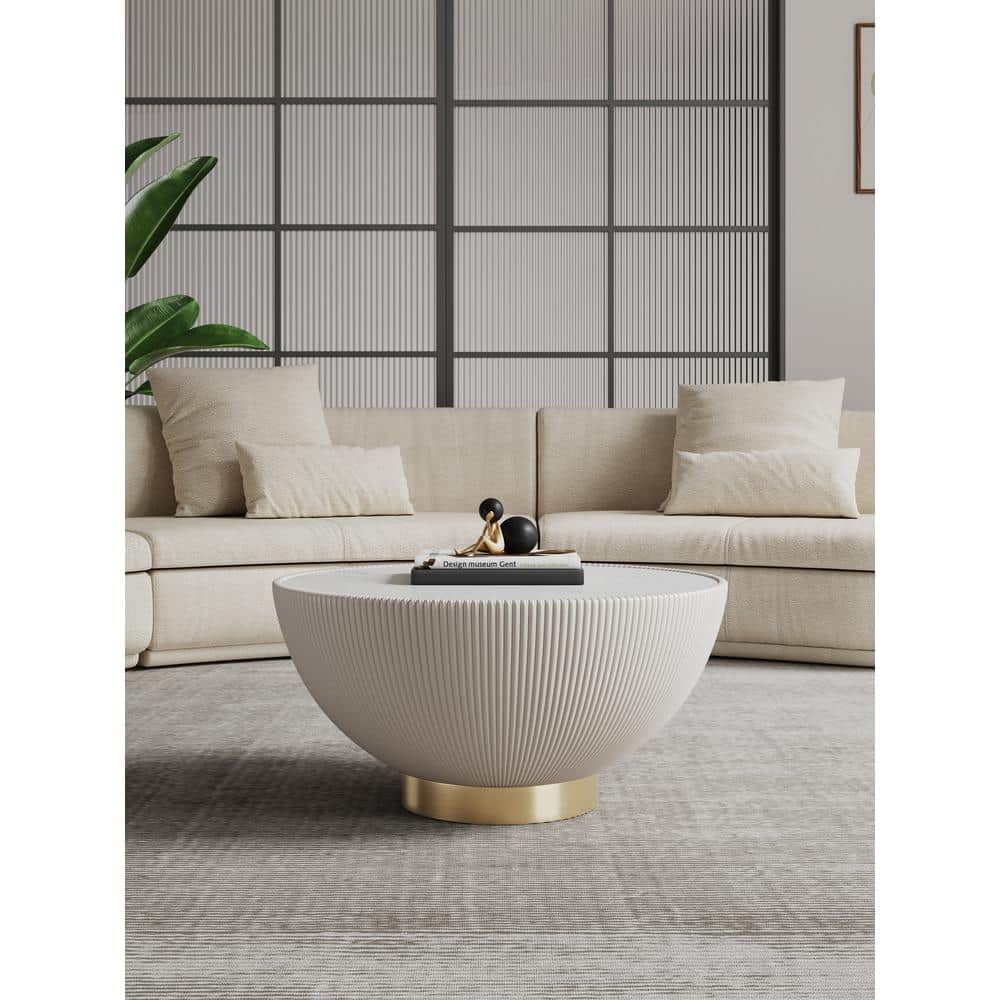 Cream Round Coffee Table with Faux Marble Top and Gold Base