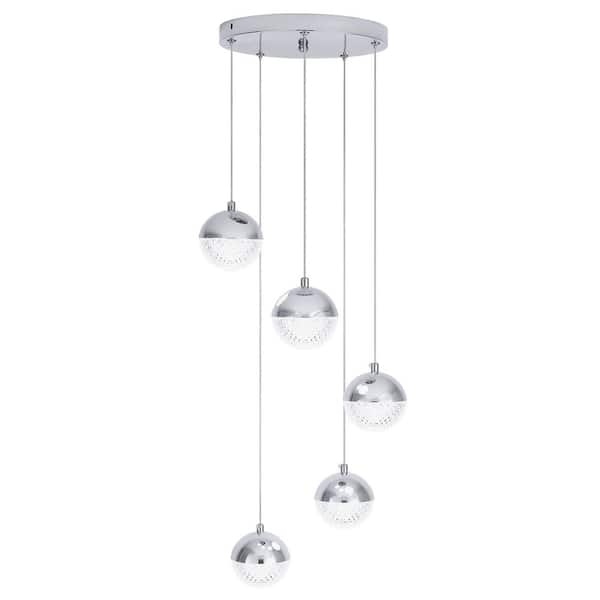 Leeandrew Globe 5 x 7-Watt 5-Light Chrome Modern Integrated LED Pendant Light Fixture for Dining Room or Kitchen