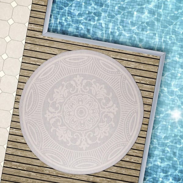 Waikiki Grey/White 7 ft. Round Medallion Indoor/Outdoor Area Rug