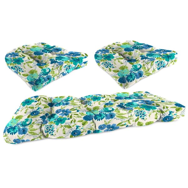 3-Piece Outdoor Wicker Cushion Set for Bench and 2 Chair Seats in Bettina Aqua