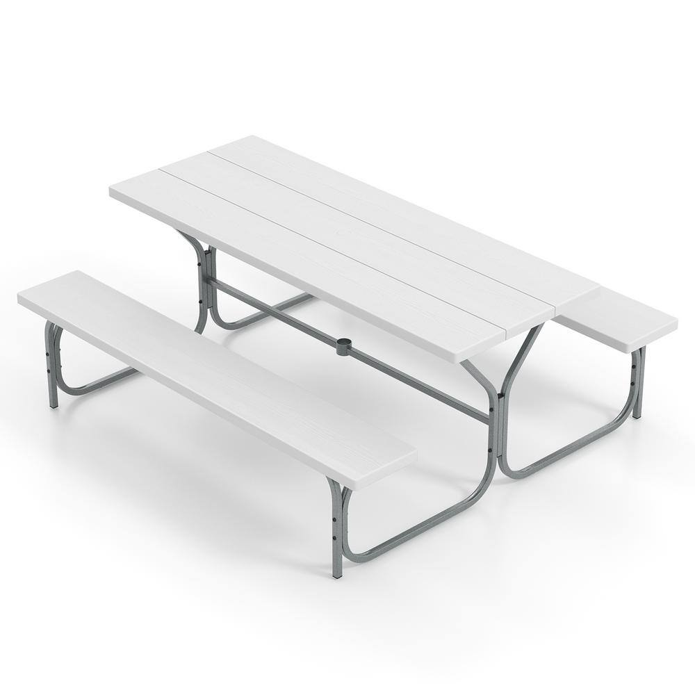 72 in. White Rectangle Metal Picnic Table Bench Set with HDPE Tabletop with Umbrella Hole for 8 Person price history on PriceWatchPro