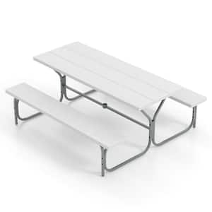 72 in. White Rectangle Metal Picnic Table Bench Set with HDPE Tabletop with Umbrella Hole for 8 Person