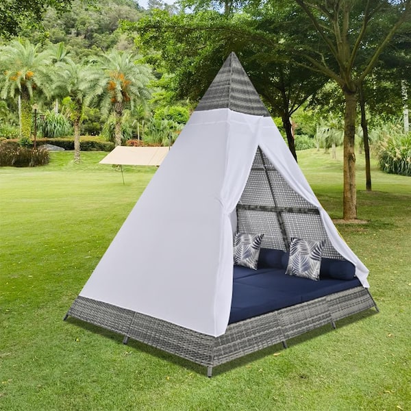 90.5" Length Outdoor Sunbed With Colorful Pillows, Wicker Patio Daybed With Cushions Tent Shape Gray And Blue