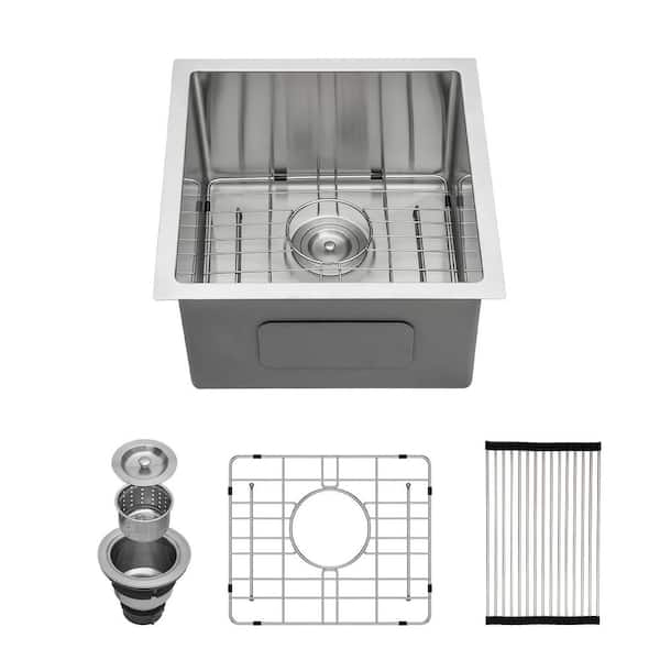 19 in. Drop-In/Undermount Single Bowl 16 Gauge Brushed Nickel Stainless Steel Kitchen Sink with Grid and Drain