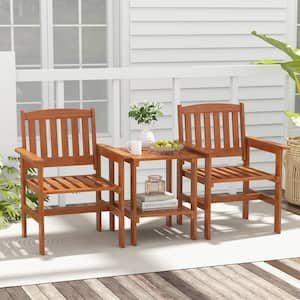 3-Piece Wood Patio Conversation Seating Set Bistro Table and Chairs Set with Umbrella Hole