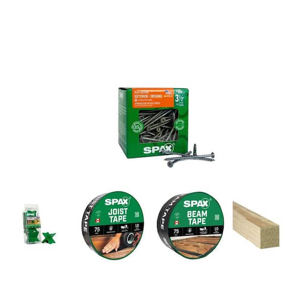 #10 x 3-1/2 in. Screws, Spacer Tool, 1 5/8 in. x 75 ft., 3 1/3 in. x 75 ft. Tape and 4 in. Timber