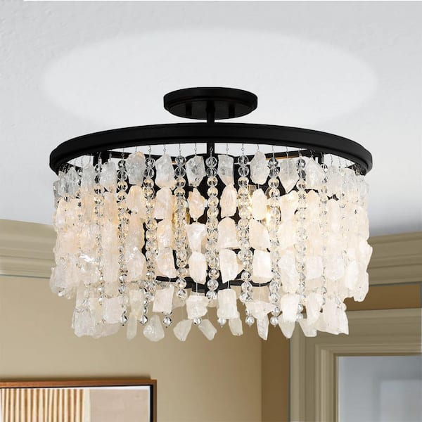 Shimmering Elegance 20 in. 4-Light Sand Black Semi-Flush Mount with Quartz Crystal Shade and No Bulbs Included