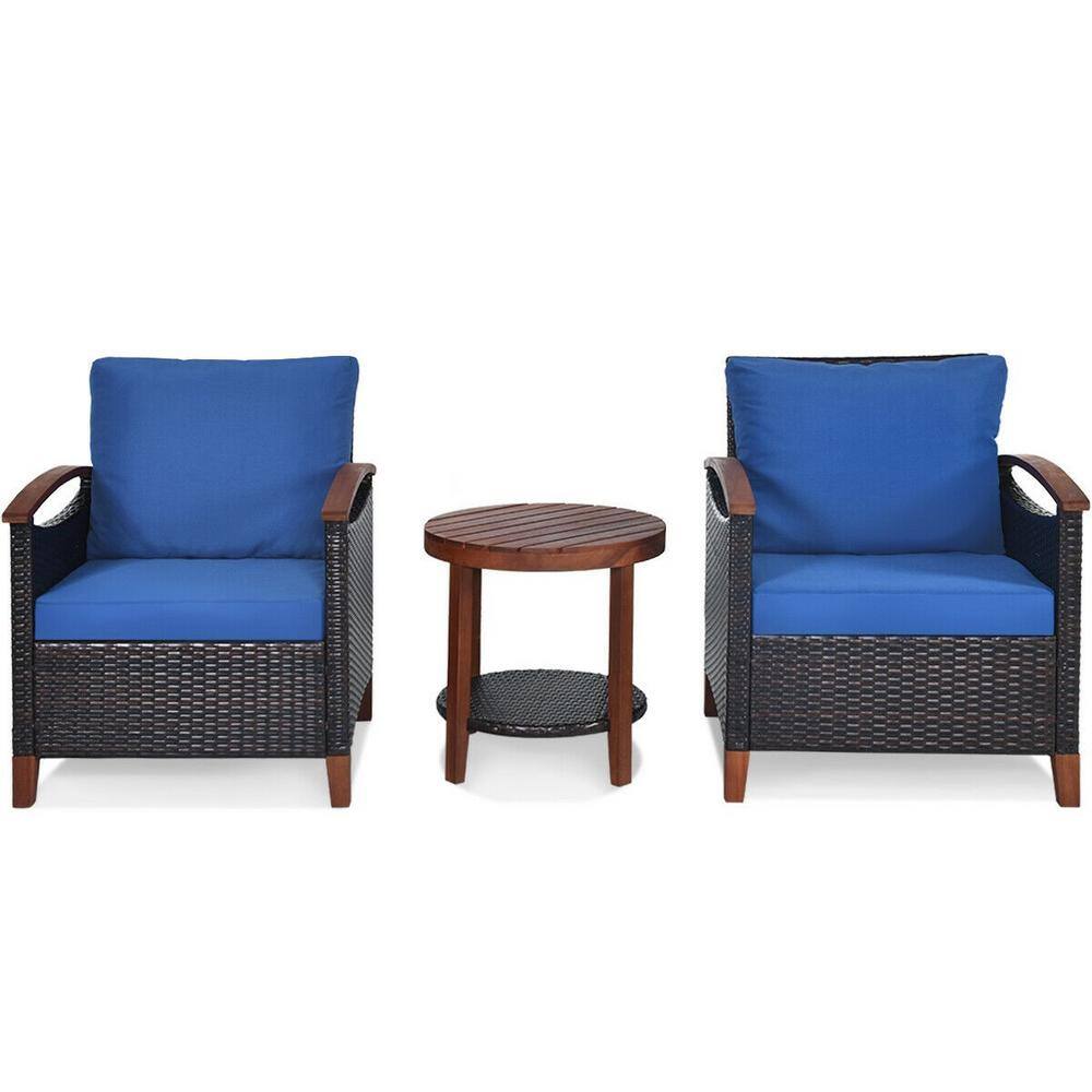 3-Piece Rattan Wood Patio Conversation Set With Blue Cushions and Round Wood Table price history on PriceWatchPro