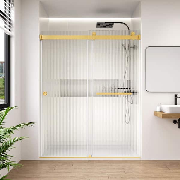 Fluted / Reeded Glass 72 in. W x 76 in. H Double Sliding Frameless Bath Shower Door in Brushed Gold