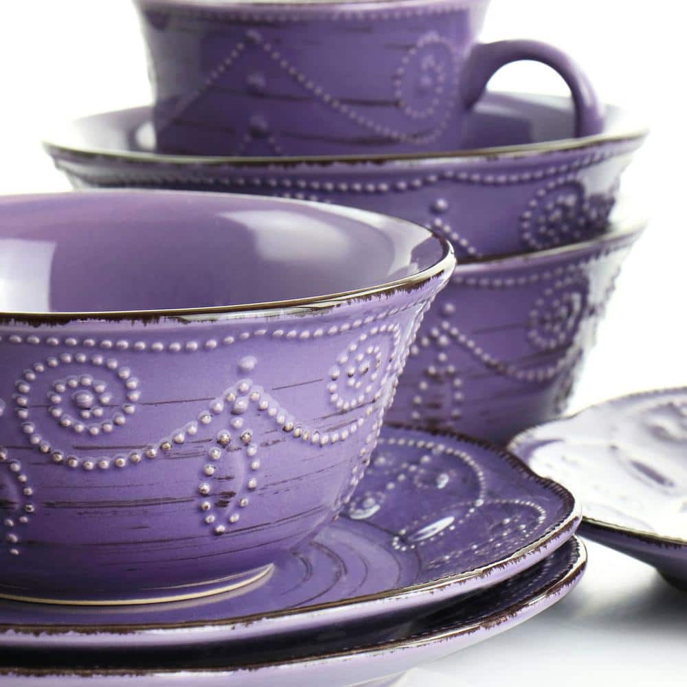 Purple Ceramic 16-Piece Rustic Birch Dinnerware Set