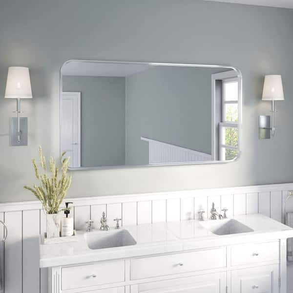 55 in. W x 30 in. H Rectangular Aluminum Framed Wall Bathroom Vanity Wall Mount Mirror in Silver