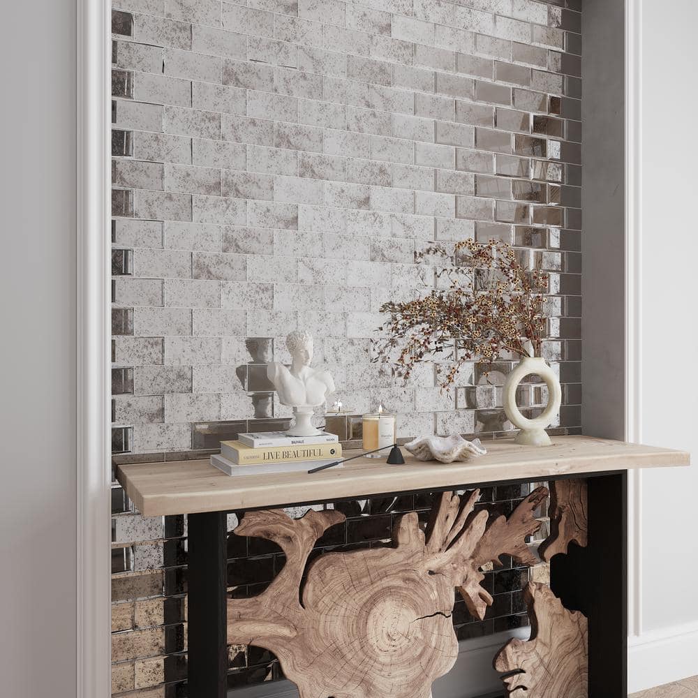Glister 3" x 6" Polished Antique Silver Glass Subway Tile