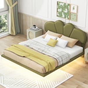 Floating Green Wood Frame Full Size PU Leather Upholstered Platform Bed with Under-Bed LED Light, Scalloped Headboard