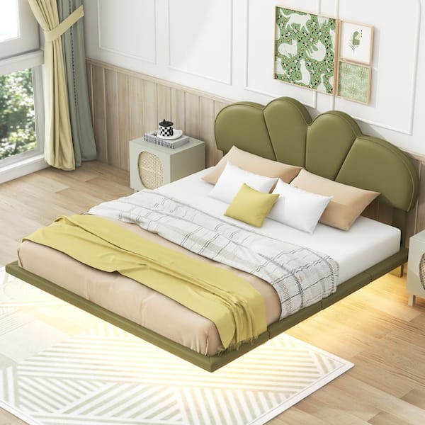 Harper & Bright Designs Floating Green Wood Frame Full Size PU Leather Upholstered Platform Bed with Under-Bed LED Light, Scalloped Headboard
