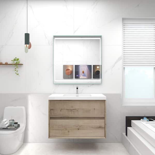 Kingdee 36 in. W x 20 in. D x 26 in. H Single Sink Floating Bath Vanity in Light Oak with White Acrylic Top