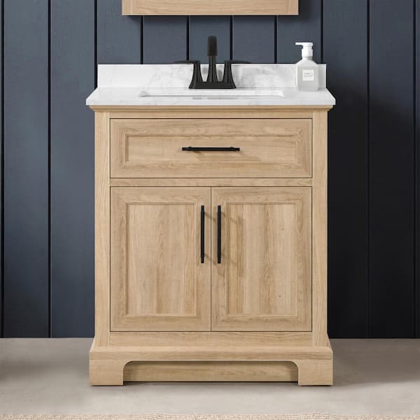 Doveton 30 in. Single Sink Freestanding Weathered Tan Bath Vanity with White Engineered Marble Top (Assembled)