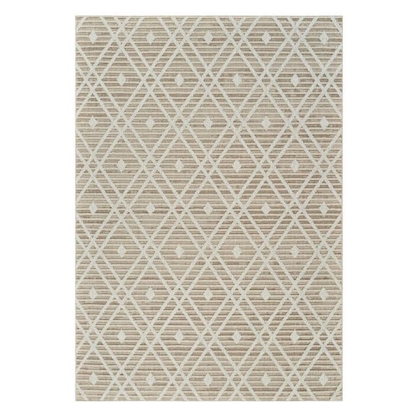Cream, Brown 5 ft. x 8 ft. Woven Geometric Polypropylene Rectangle Indoor/Outdoor Area Rug