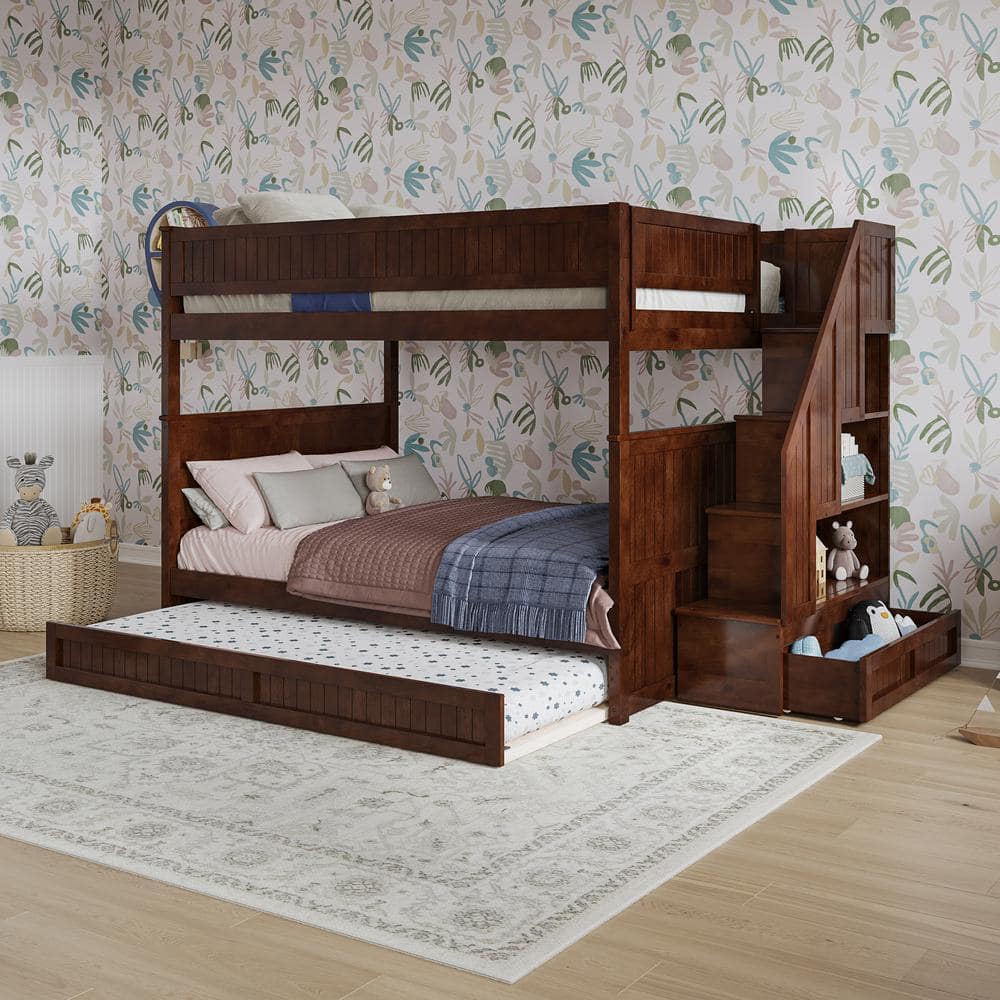 Dover Walnut Brown Solid Wood Frame Full Over Full Staircase Bunk Bed with Storage Drawer and Twin Trundle