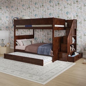 Dover Walnut Brown Solid Wood Frame Full Over Full Staircase Bunk Bed with Storage Drawer and Twin Trundle