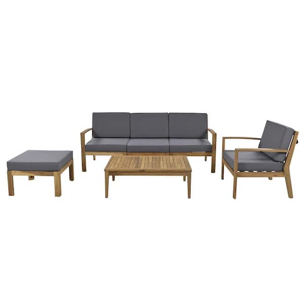 Unbranded 6-Piece Wood Outdoor Sectional Set with Coffee Table and Removable Grey Cushions for Garden Backyard and Poolside