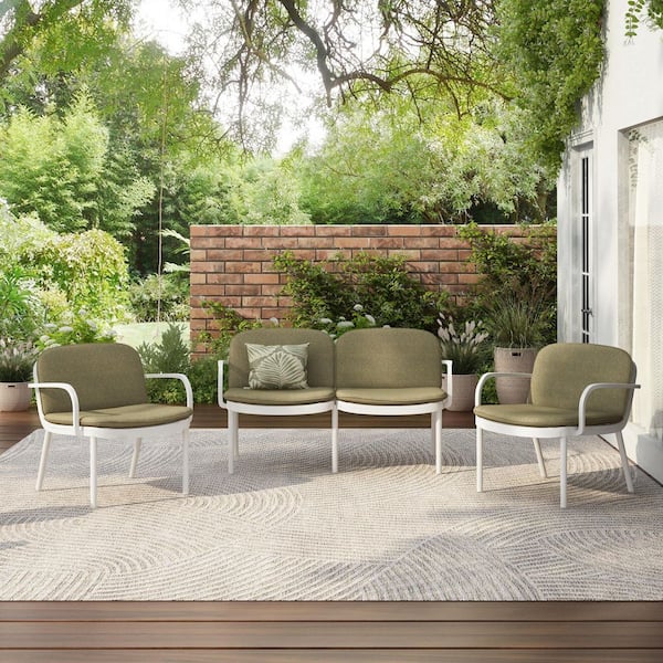 3-Pieces Outdoor Patio PP Chat Set, White Frame with Green Cushion