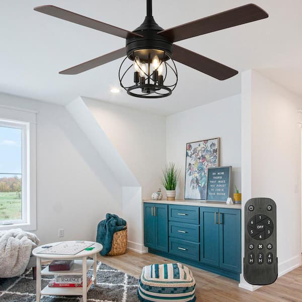 Faria 52 in. Indoor Black 4-Light Rustic Modern Ceiling Fan with Lights, Scandi 6-Speed Reversible Ceiling Fan w/ Remote