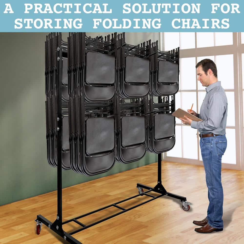 Black Steel Two-Tier Folding Chair Storage Cart