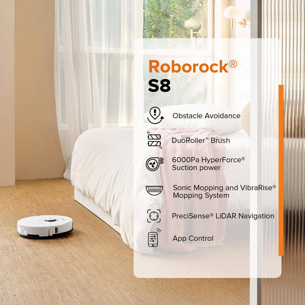 Roborock S8 White Cordless Robot Vacuum and Mop with Smart Mapping