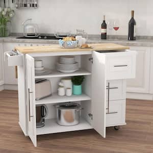White Kitchen Island with Extensible Solid Wood Folding Table Top and Towel Rack, Spice Rack
