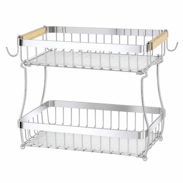 2 Piece Fruit Basket, Bonus Mats, Banana Hooks, Rust-Resistant Iron, for Bread Snack, 2 Tier Fruit Basket Set, in Silver