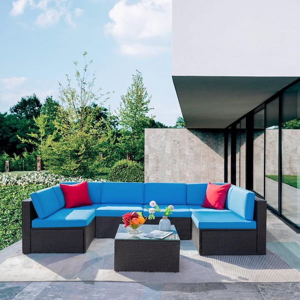 7-Pieces PE Rattan Wicker Patio Furniture Sectional Set Outdoor Lawn Conversation Sets with Blue Cushion