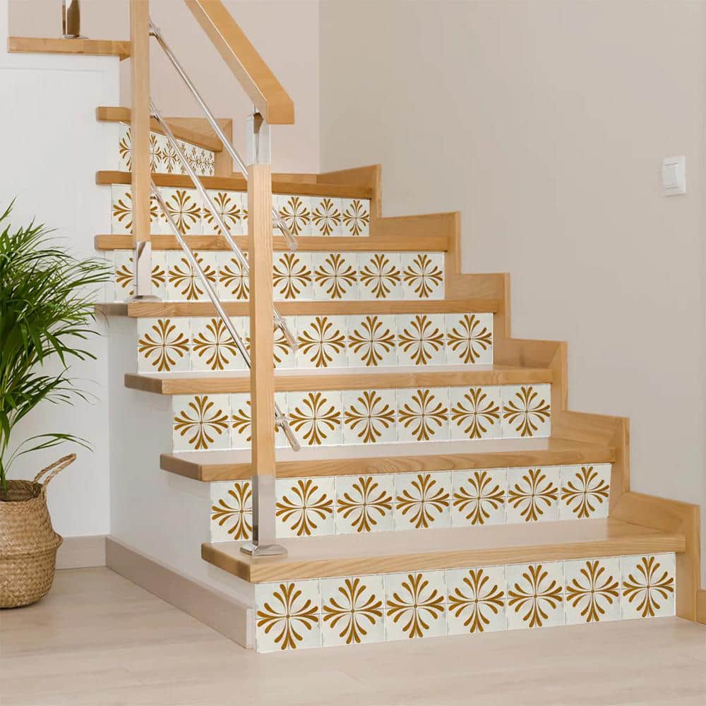 Beige and Gold Vintage Flower Vinyl Peel & Stick Tiles 8x8-inch