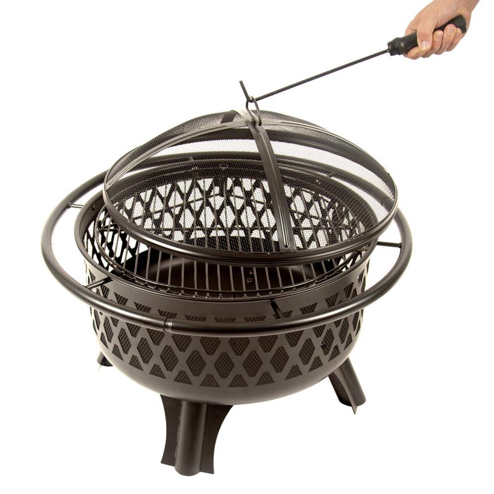 Black Steel Round Wood Burning Fire Pit with Mesh Screen