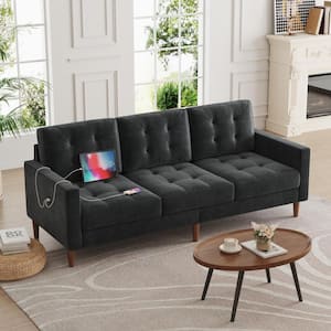 Modern 76.79 in. Square Arm Velvet Rectangle 3-Seater Sofa in. Black