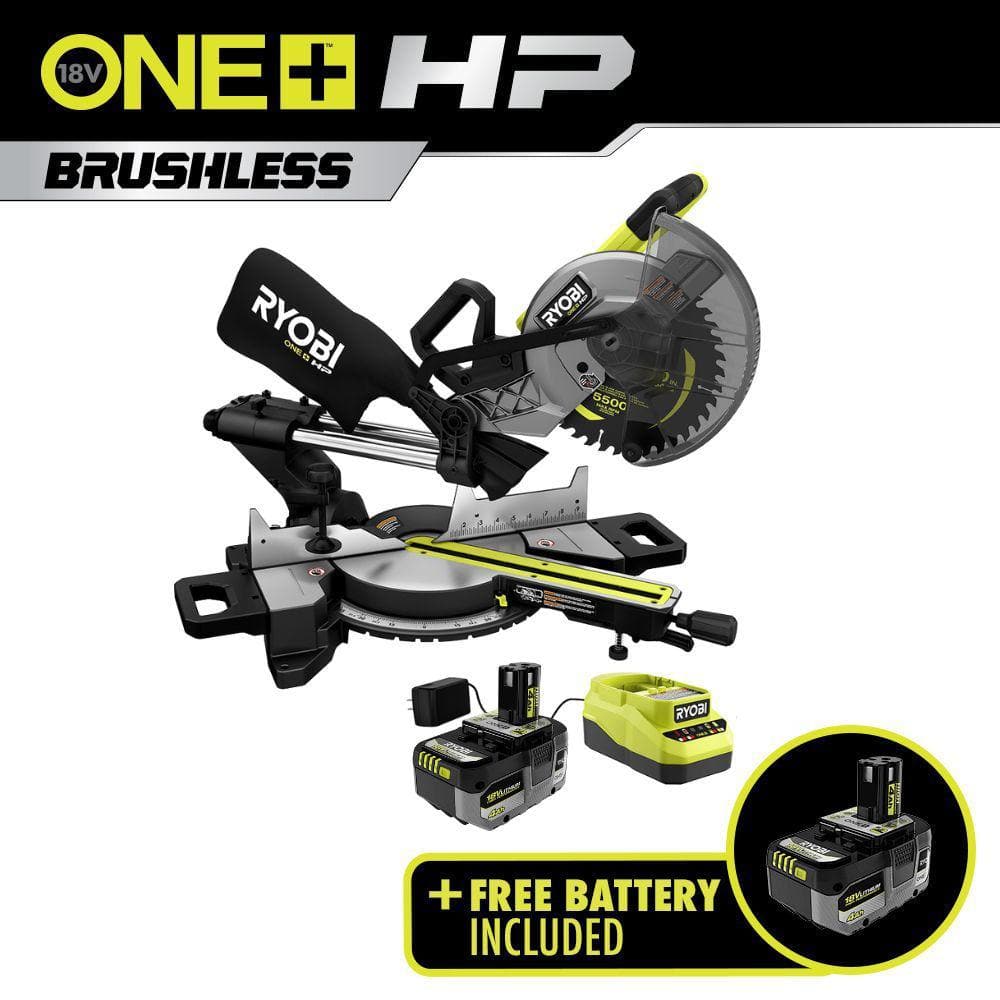 RYOBI ONE+ HP 18V Brushless Cordless 10 in. Sliding Compound Miter Saw Kit  w/ (2) 4.0 Ah HIGH PERFORMANCE Batteries  Charger PBLMS01K-PBP004 The  Home Depot