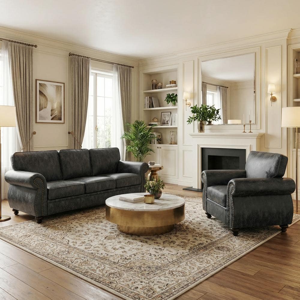 American Style 2-Piece Faux Leather Living Room Sofa Set with Rivet Trim, Accent Chair & 3-Seat Sofa, Gray