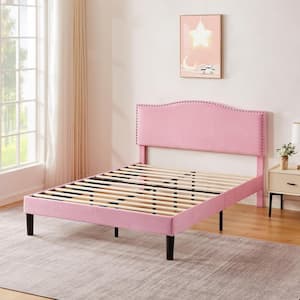 Platform Bed Frame with Upholstered Headboard Pink Metal Strong Frame Queen Platform Bed with Wooden Slats Support